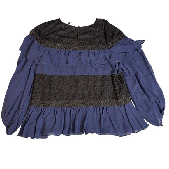 BCBG MAXAZRIA Blue Silk Black Lace Ruffle Top Size Large Whimsigoth - Picture 8 of 8